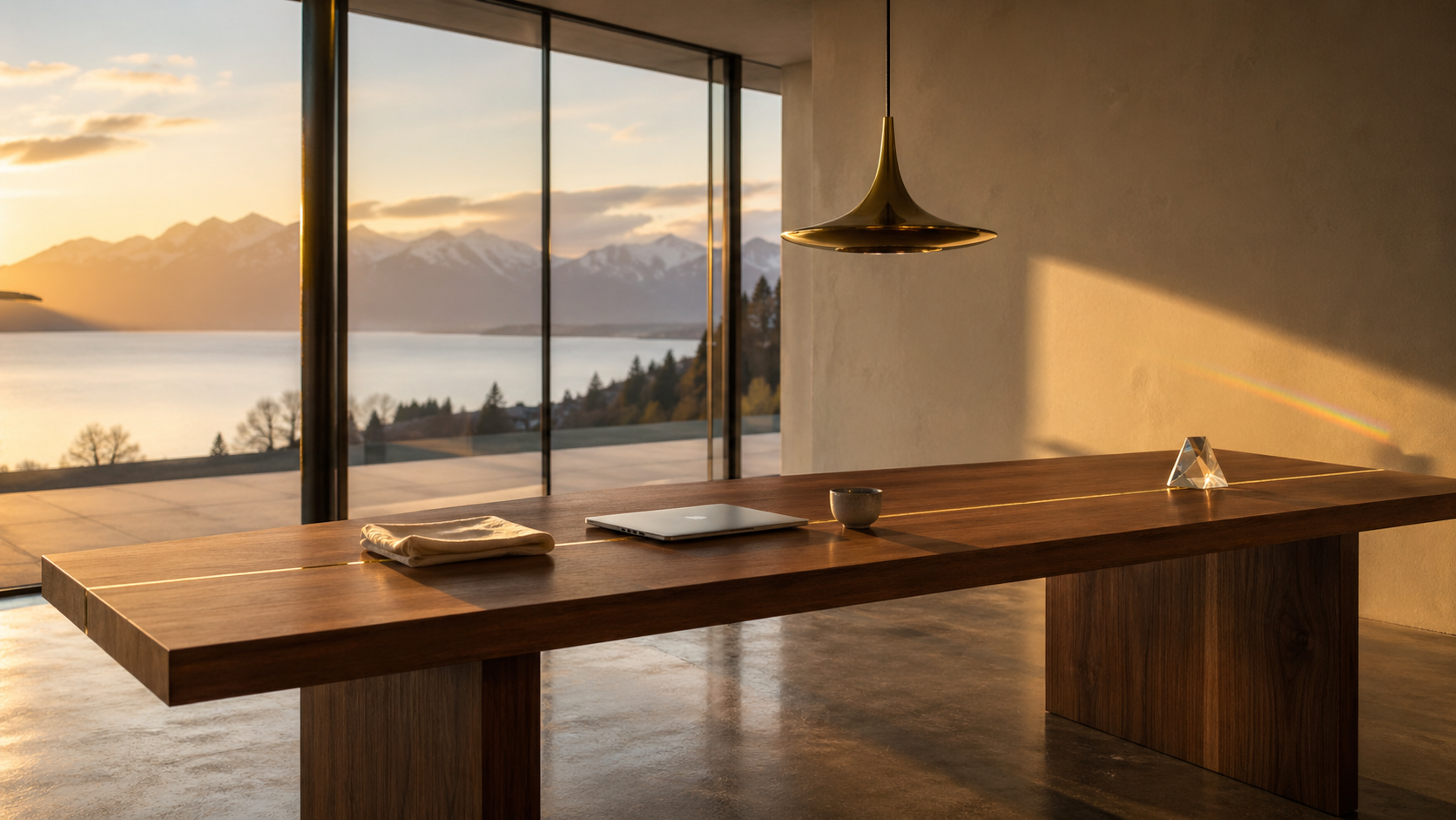 OmniVend — atelier moderne lausannois, lac Léman et Alpes au coucher du soleil